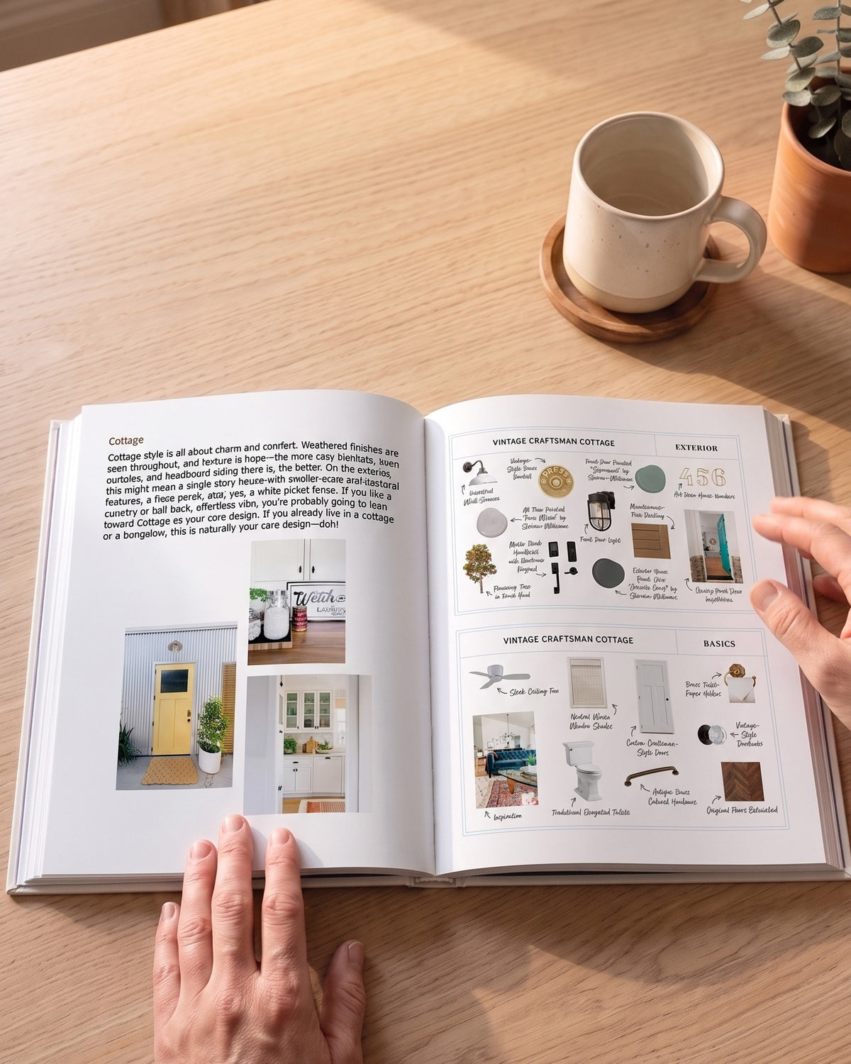Open spread showing core design styles with material swatches and room examples