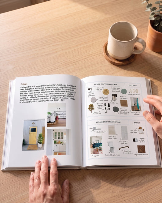 Open spread showing core design styles with material swatches and room examples