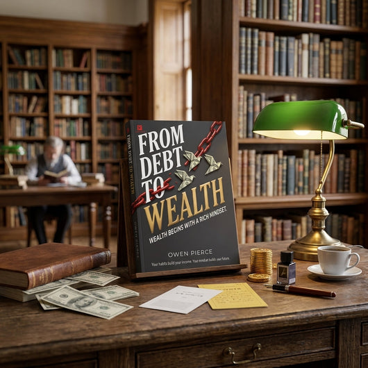 From Debt to Wealth paperback by Owen Pierce standing on a library desk beside a green banker's lamp