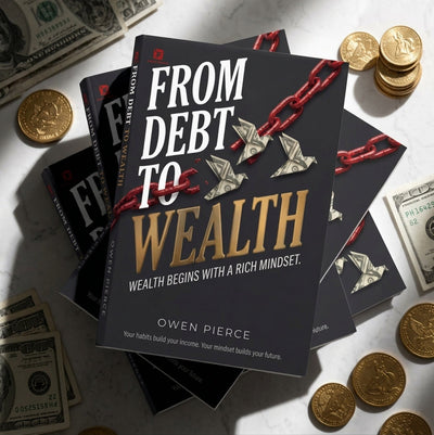 From Debt to Wealth paperback copies on a marble surface with gold coins and banknotes