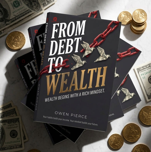 From Debt to Wealth paperback copies on a marble surface with gold coins and banknotes