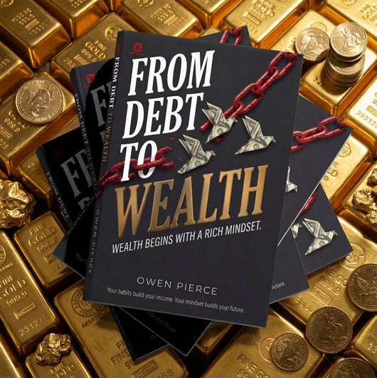 From Debt to Wealth paperback copies resting on stacked gold bars