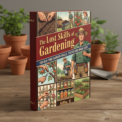The Lost Skills of Gardening paperback on a workbench, cover and spine
