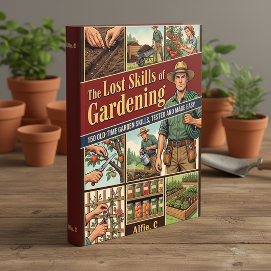 The Lost Skills of Gardening paperback on a workbench, cover and spine