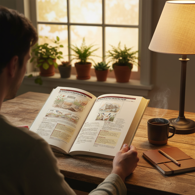 A reader studying The Lost Skills of Gardening, two illustrated pages open